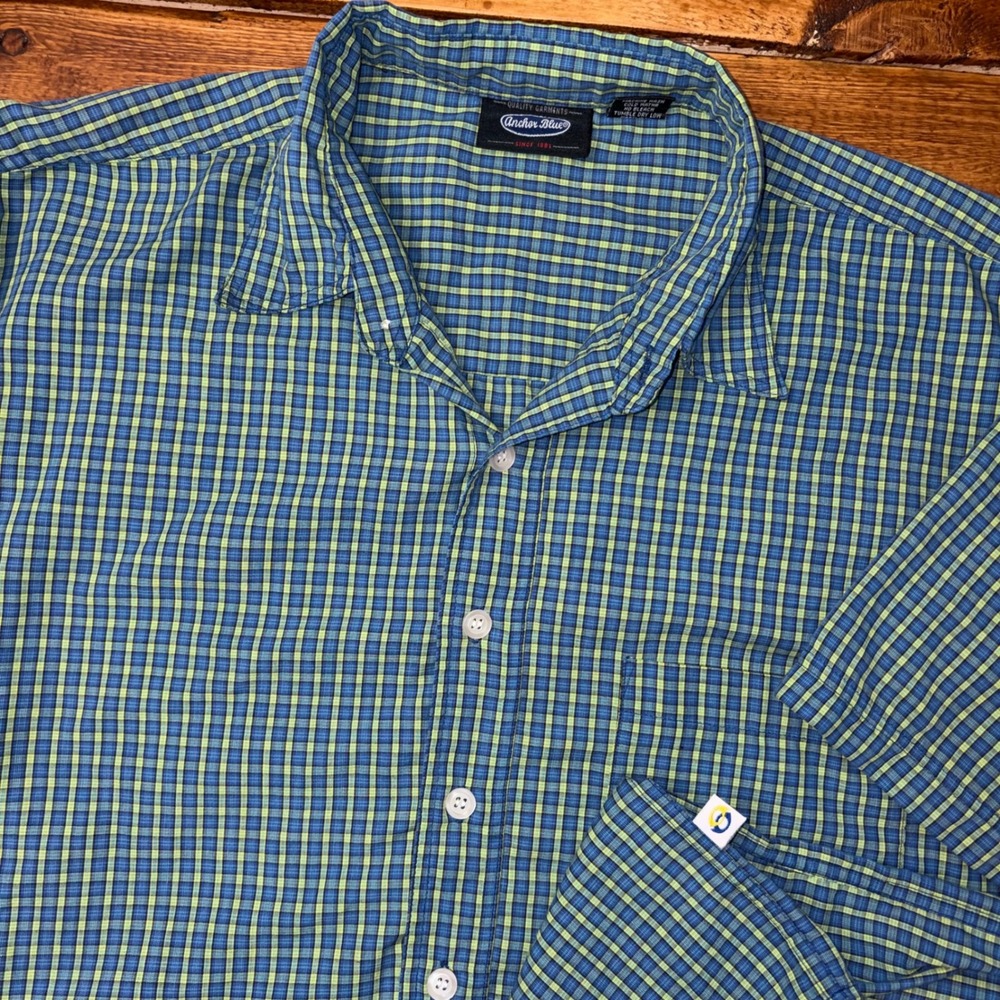 Vintage Anchor Blue Button Up Shirt Men Medium Blue Yellow Plaid Short Slv Y2K